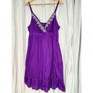 Faded Glory Womens Purple Cotton Embroidered Sundress Size 16 Ruffle Hem Summer